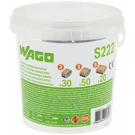 Seau De 100 Bornes De Connexion Automatique S222 2,3 Et 5 Entrées - WAGO 3 Seau De 100 Bornes De Connexion Automatique S222 2,3 Et 5 Entrées - WAGO