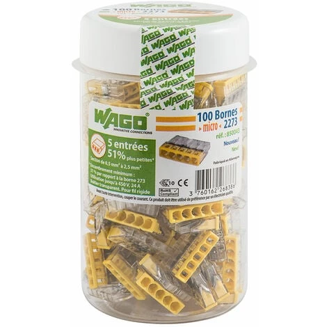 Pot De 100 Mini Bornes De Connexion Automatique 5 Entrées S2273 - WAGO 3 Pot De 100 Mini Bornes De Connexion Automatique 5 Entrées S2273 - WAGO