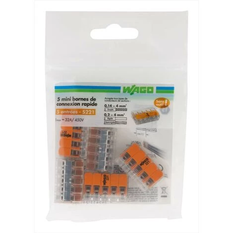 WAGO Lot De 5 Bornes Automatiques à Levier, 2,5 Mm² Pour Rigide Et Souple WAGO 3 WAGO Lot De 5 Bornes Automatiques à Levier, 2,5 Mm² Pour Rigide Et Souple WAGO